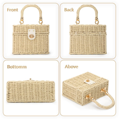 Fecialy Women Handwoven Rattan Handbag Beach Straw Tote Bag Square Boho Crossbody Bag,Beige