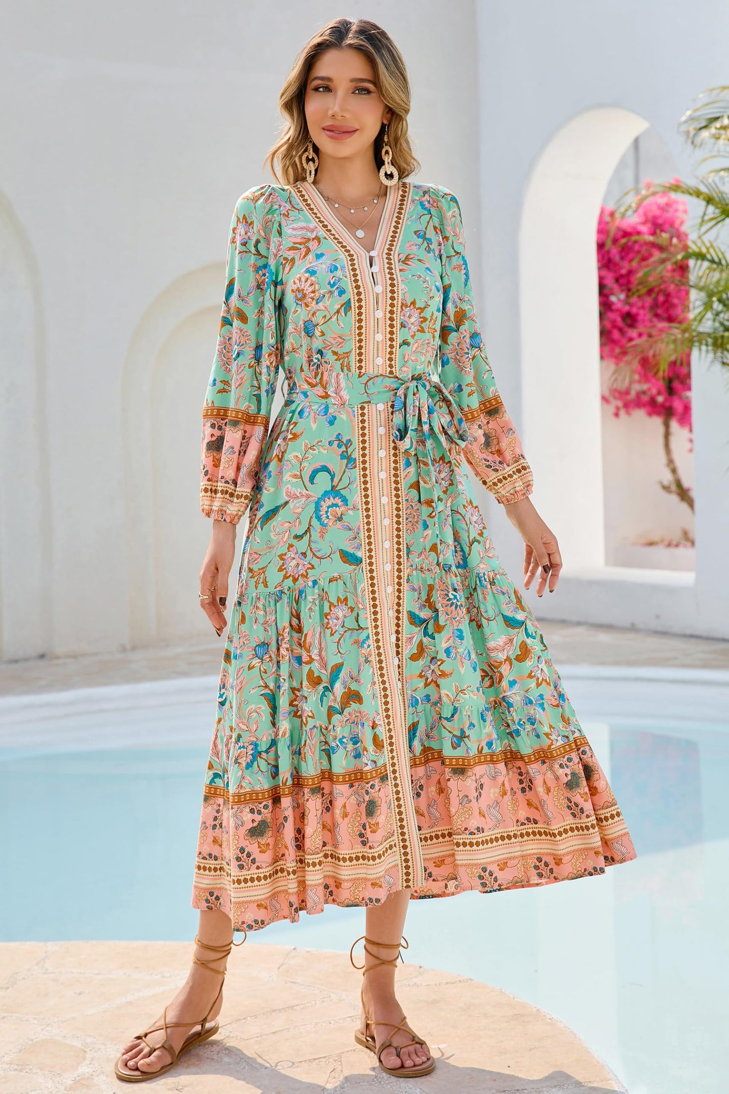 R.Vivimos Women's Long Sleeve Boho Midi Dress V Neck Floral Print Casual Button Down Loose Ruffle Beach Long Dress with Belt (X-Large, Aqua)