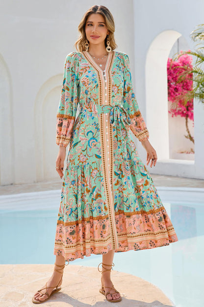 R.Vivimos Women's Long Sleeve Boho Midi Dress V Neck Floral Print Casual Button Down Loose Ruffle Beach Long Dress with Belt (X-Large, Aqua)