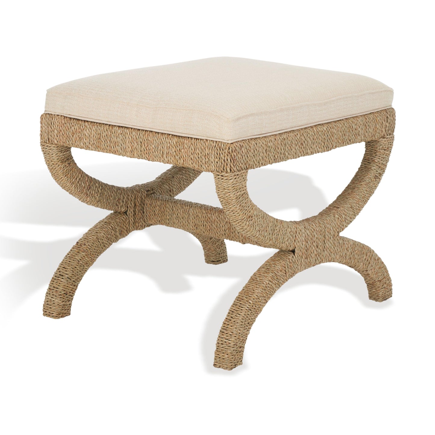 SAFAVIEH Couture Collection Aikan Coastal Natural/Beige Woven Seagrass Solid Wood Ottoman Foot Stool (Fully Assembled)