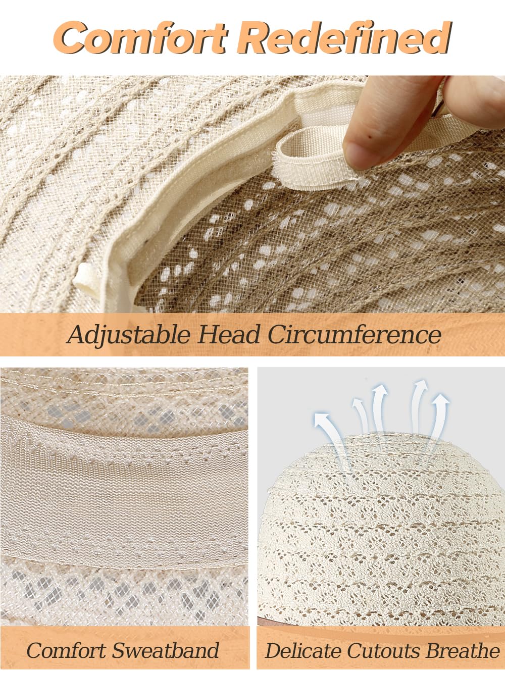 Sun Beach Hats for Women Summer Floppy Wide Brim Sunhat Packable Foldable Lace Travel Vacation Beige