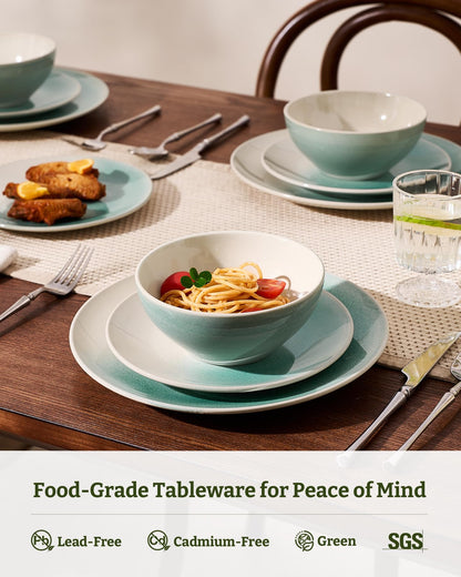 Famiware Glacier Stoneware Dinnerware Sets, Plates and Bowls Sets, 12 Pieces Kitchen Dishes Set for 4 - Dishwasher and Microwave Safe, Chip and Scratch Resistant, Aqua