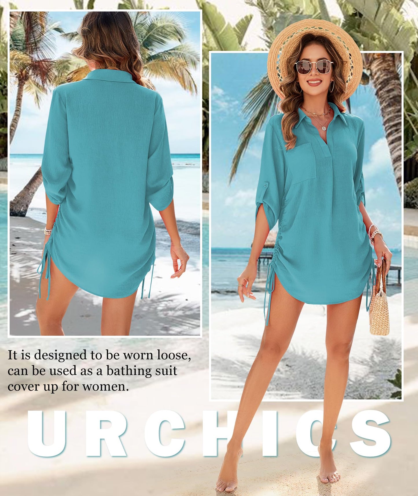 Urchics Swimsuit Coverup for Women 2025 Drawstring V Neck Bikini Swimwear Beach Cover Up Beach Shirt Dress Aqua Blue 2XL