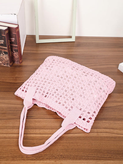 ENBEI Women's Beach Tote Bag, Crocheted Knit Hollow Design, Stylish & Spacious Tote for Beach,Travel,and Everyday Use,Cute Aesthetic Summer Handbag (Pink)