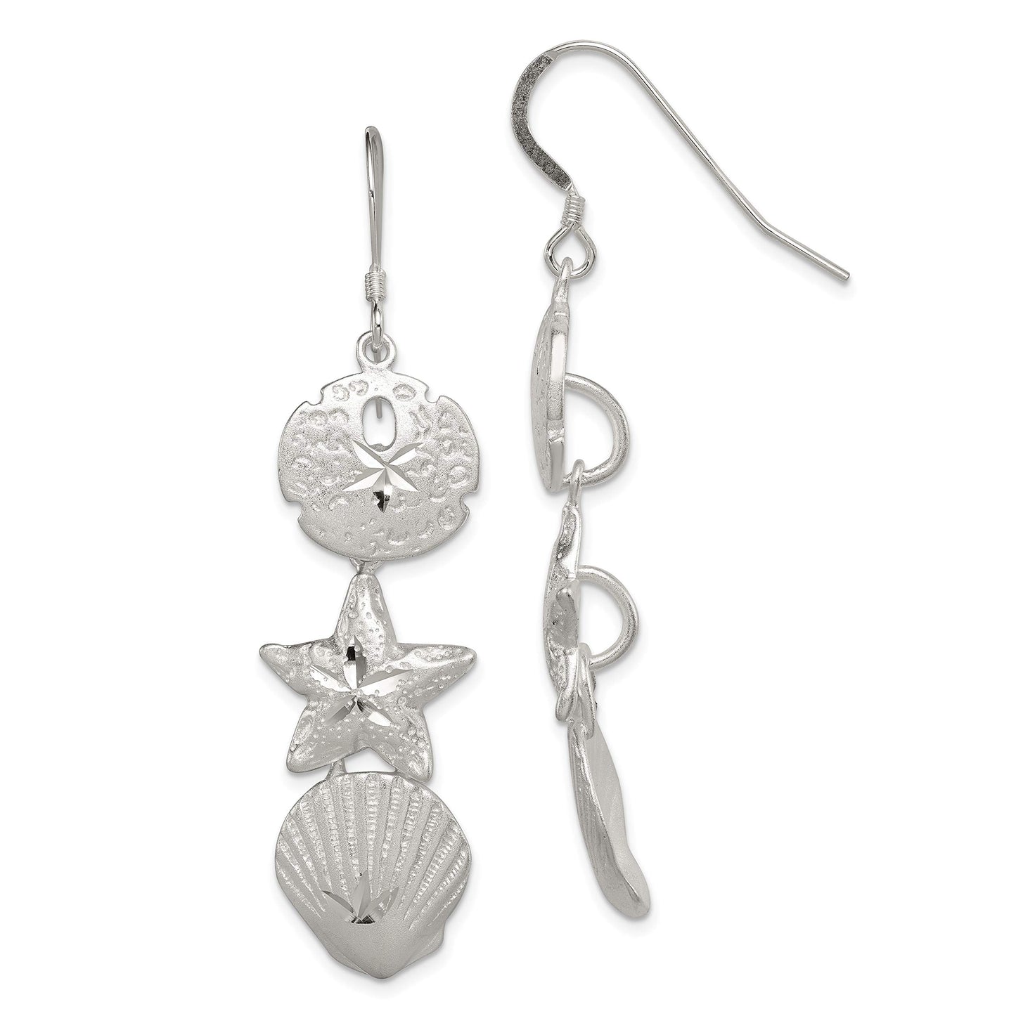 Sterling Silver Drop Dangle Sand Dollar Starfish Seashell Earrings 58mm Polished Beach Jewelry For Women Gift Nature Theme