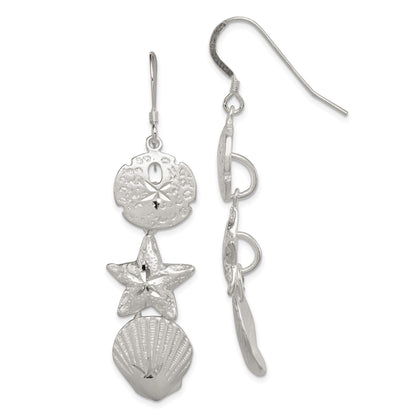 Sterling Silver Drop Dangle Sand Dollar Starfish Seashell Earrings 58mm Polished Beach Jewelry For Women Gift Nature Theme