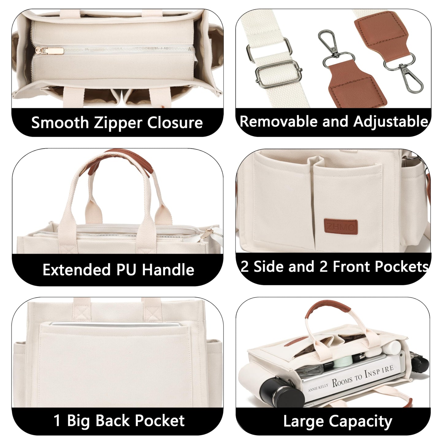 ZHMO Canvas Tote Bag for Women With Compartments and Zipper,White Women's Bags Crossbody Bags Work Laptop Tote Bag Large Satchels Handbag Tote Purse Everyday Shoulder Bag for Travel Nurse Teacher Gift