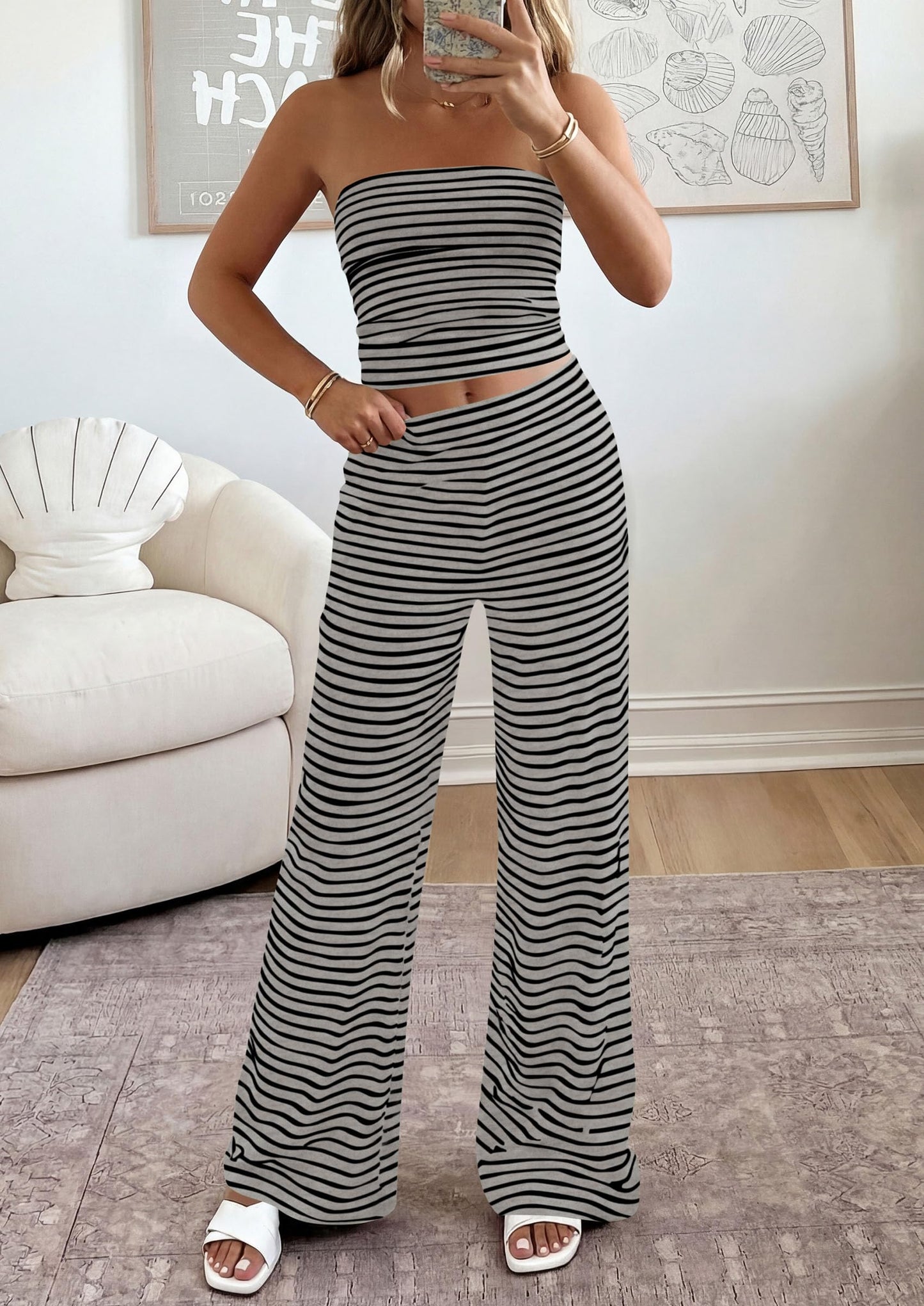 PRETTYGARDEN Two Piece Striped Sets for Women Summer Travel Outfits 2026 Spring Y2K Going Out Vacation Clothes Loungewear (Grey Black,Small)