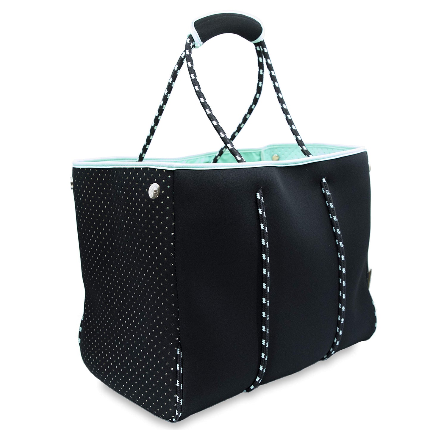 Nordic By Nature Large Designer Neoprene Beach Bag Tote For Women & Men Versatile Pool Bag With Zippered Pockets, For The Boat, Beach or Pool (Black/Turquoise)