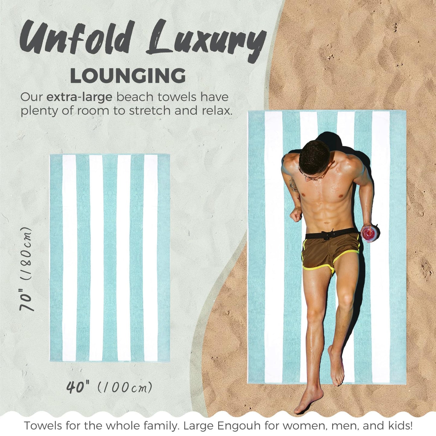 WEDPLAN Cotton Oversized Beach Towel - 40 x70 Inch Extra Large Striped Pool Towel, Big Soft Terry Cloth Turquoise Cabana Swim Towel