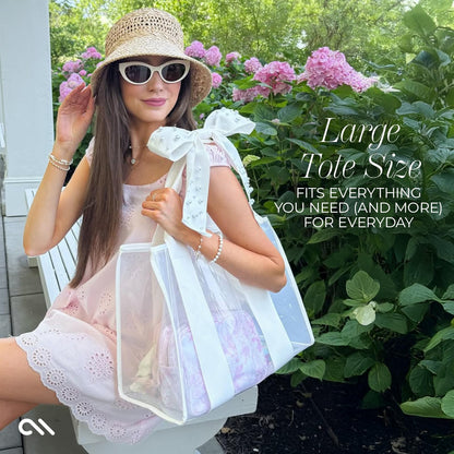 Case-Mate Ivory Pearl Bow Beach Tote - Lightweight Beach Bag with Phone Pouch for Women - Waterproof, Tip-Proof, Foldable & Washable - Tote Bag for Pool, Travel and Vacation - Large