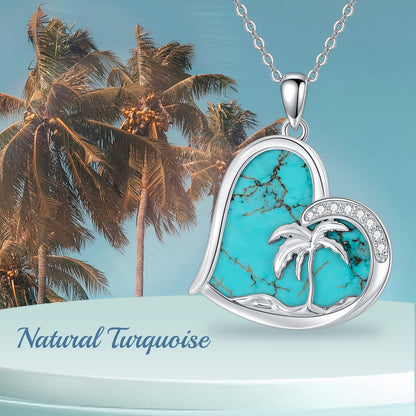 BETHZA Turquoise Palm Tree Necklace 925 Sterling Silver Natural Blue Turquoise Heart Pendant Summer Beach Necklace Genuine Gemstone Jewelry Gifts for Women