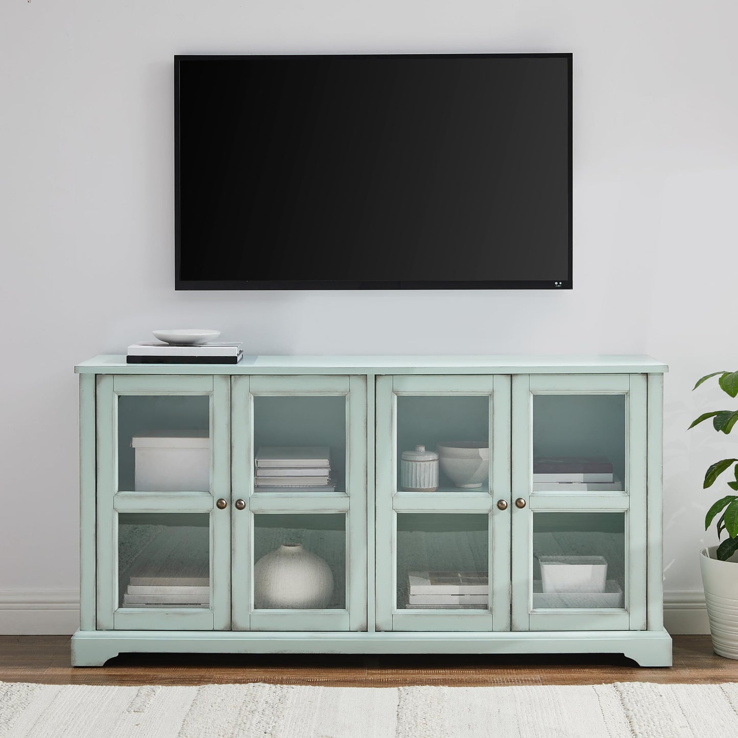 Crosley Furniture Holbrook Traditional Glass Door Sideboard Buffet Cabinet, Kitchen Storage, TV Stand, Distressed Seafoam Blue