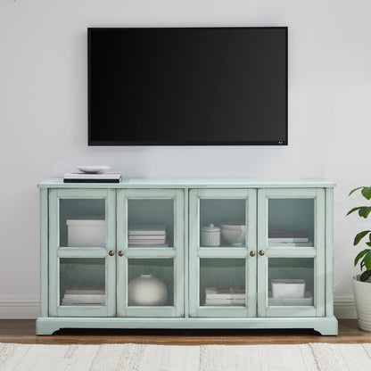Crosley Furniture Holbrook Traditional Glass Door Sideboard Buffet Cabinet, Kitchen Storage, TV Stand, Distressed Seafoam Blue
