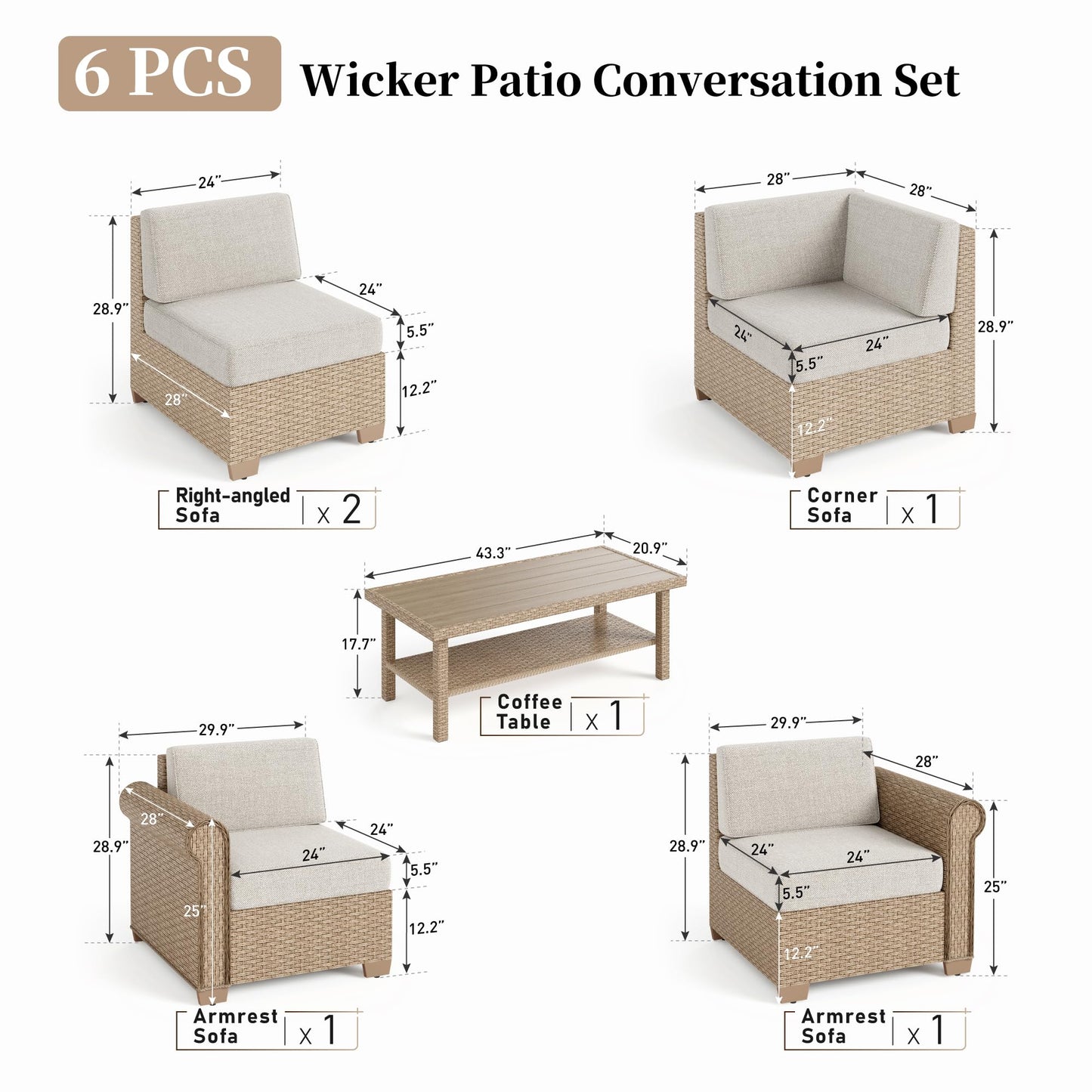 Patio Furniture Set 6 Piece, Wicker Rattan Sectional Sofa Couch with 5.5" Thick Waterproof Cushion and Coffee Table, L Shape All Weather Outdoor Conversation Set for Lawn Backyard Deck, Beige