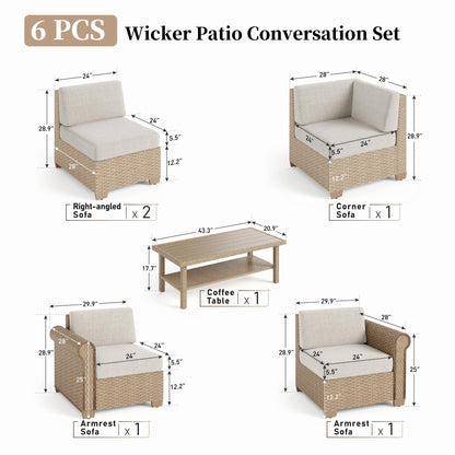 Patio Furniture Set 6 Piece, Wicker Rattan Sectional Sofa Couch with 5.5" Thick Waterproof Cushion and Coffee Table, L Shape All Weather Outdoor Conversation Set for Lawn Backyard Deck, Beige