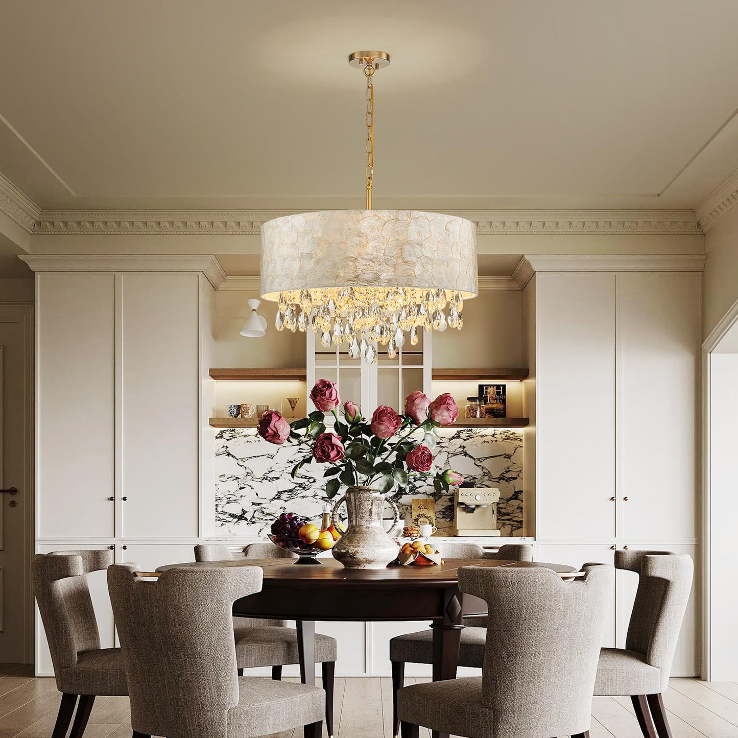 LumFurn 6-Light Drum Capiz Shell Crystal Chandeliers, Coastal Style Pendant Light Fixture for Dining Room, Living Room, D24 x H23~71 inch(Adjustable), Shell Lampshade & Gold Finish