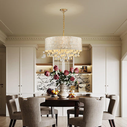 LumFurn 6-Light Drum Capiz Shell Crystal Chandeliers, Coastal Style Pendant Light Fixture for Dining Room, Living Room, D24 x H23~71 inch(Adjustable), Shell Lampshade & Gold Finish