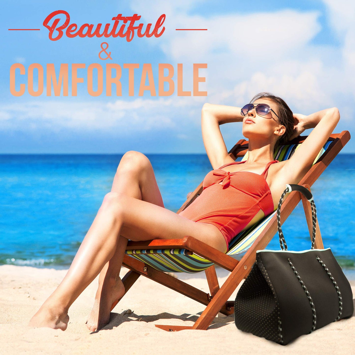 Nordic By Nature Large Designer Neoprene Beach Bag Tote For Women & Men Versatile Pool Bag With Zippered Pockets, For The Boat, Beach or Pool (Black/Turquoise)