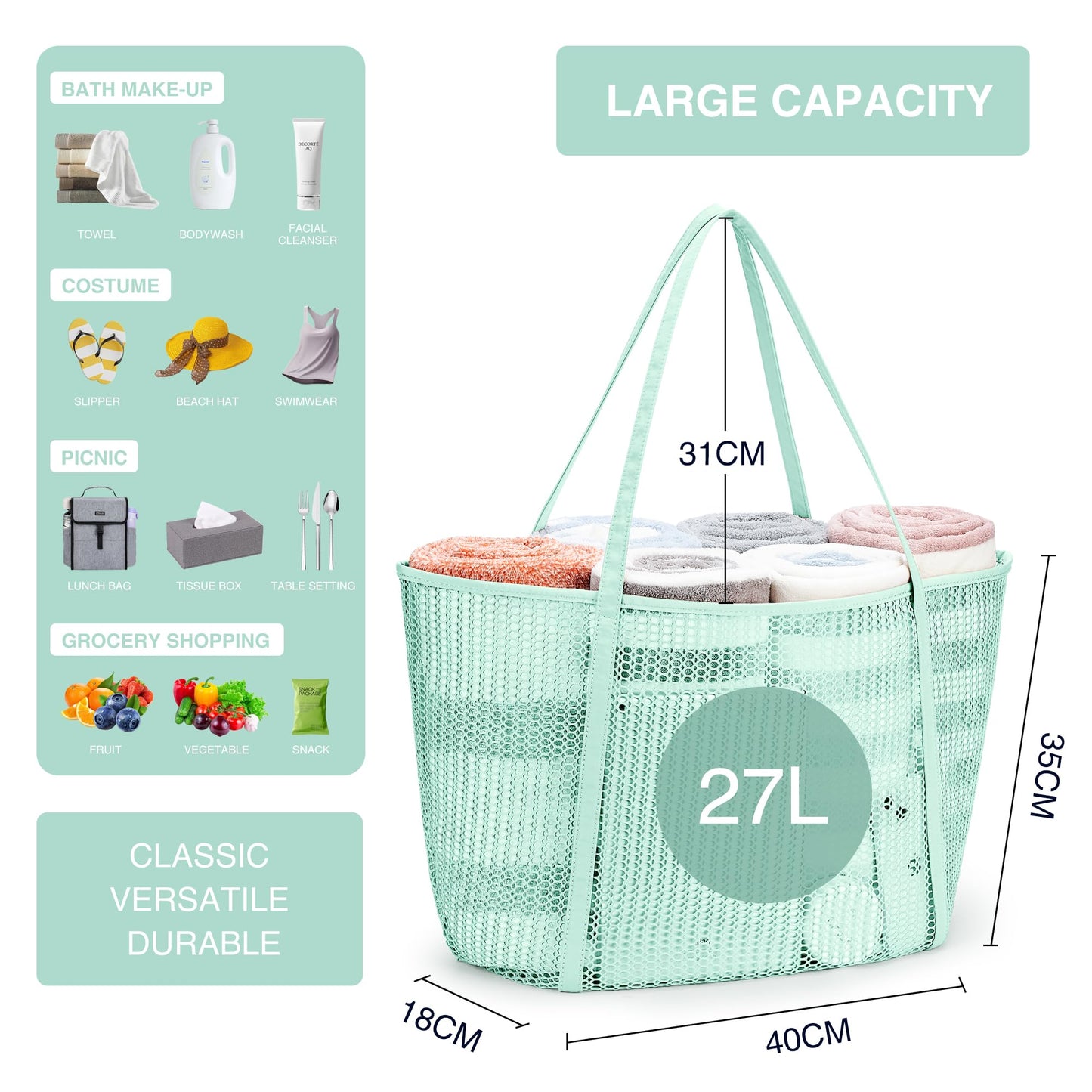 KALIDI FANCY FOREST Beach Mesh Tote Bag, Womens Shoulder handbag MAX 27L Grocery Bag Mint Green