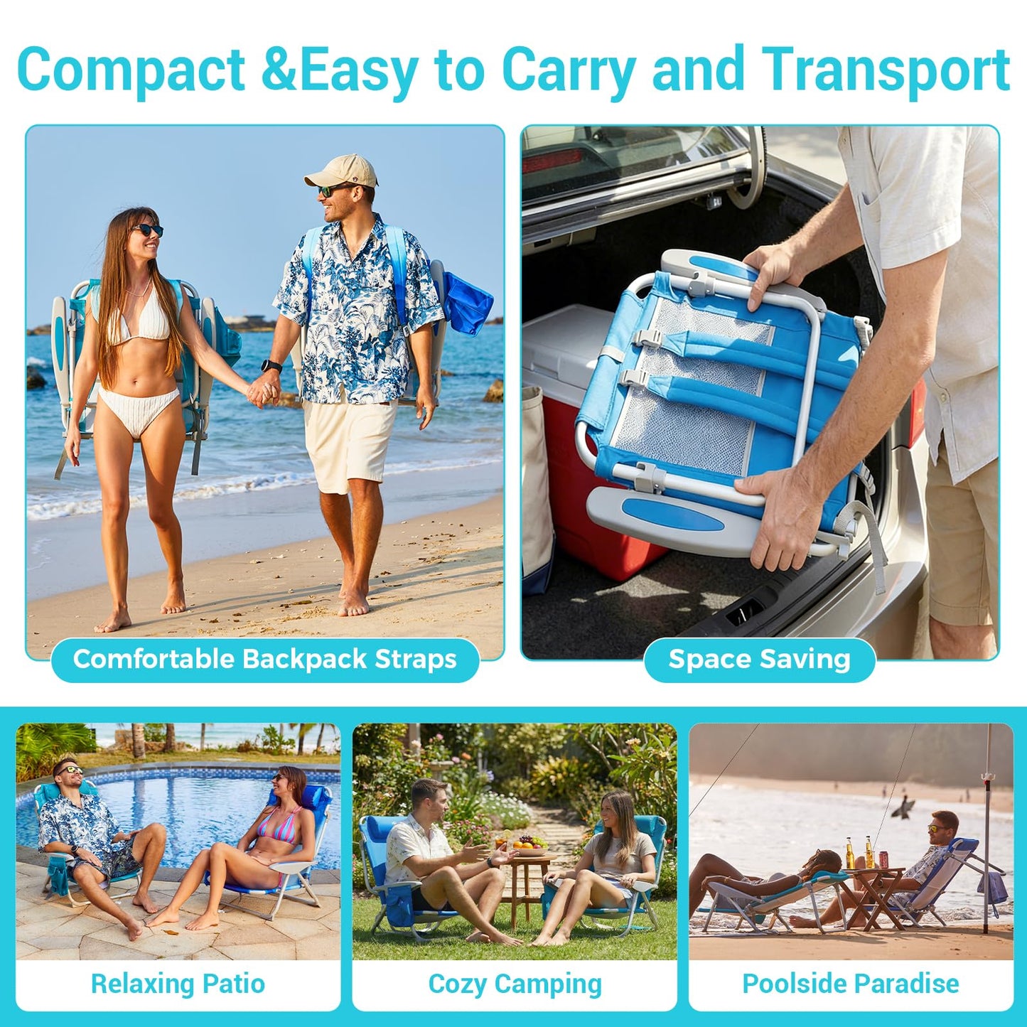 #WEJOY Beach Chair for Adults, Reclining Adjustable Position,Lay Flat Lightweight Folding Portable Aluminum Chair with Backpack Straps,Padded headrest, Heavy Duty 400 lbs Lawn Chair for Beach, 2 Pack