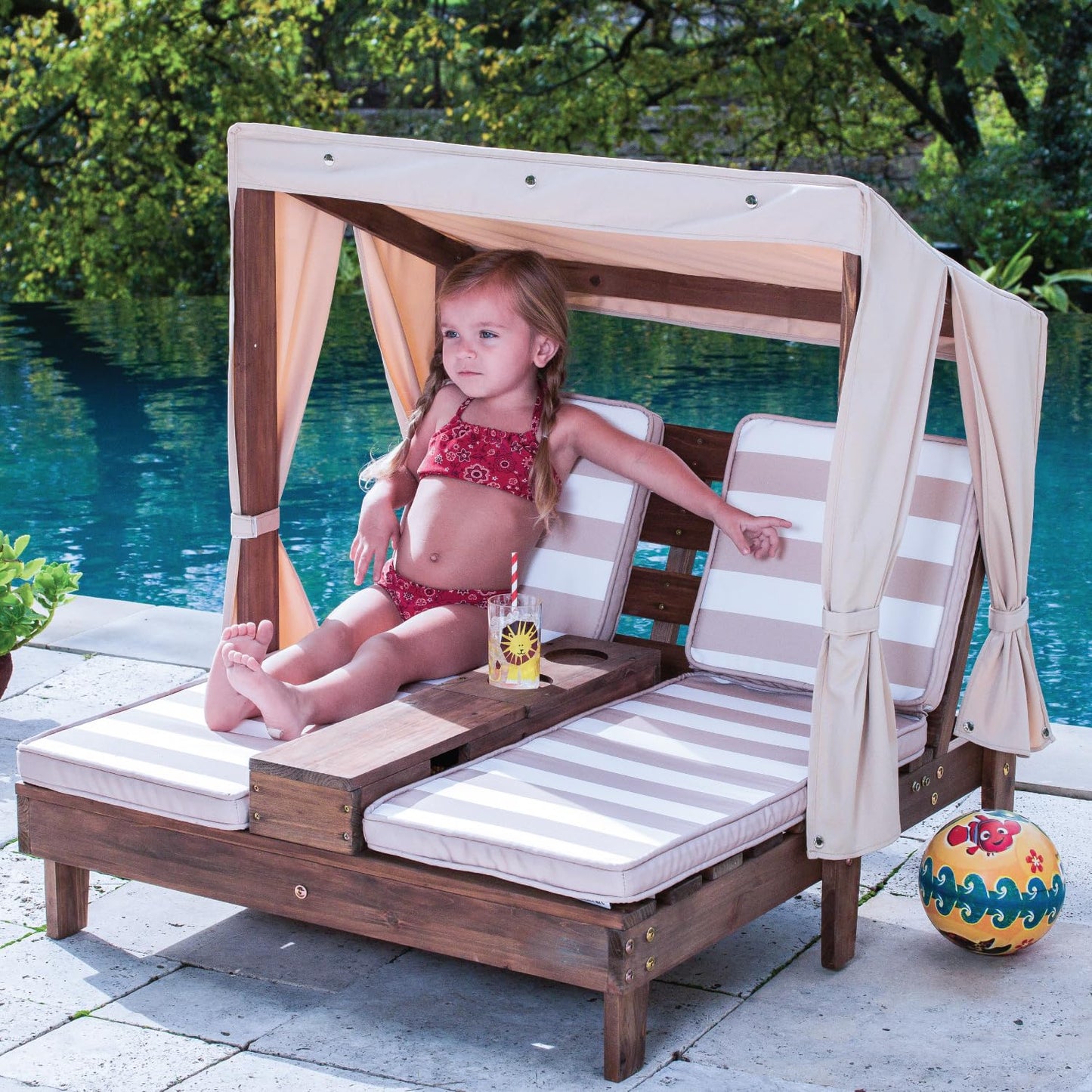 KidKraft Wooden Outdoor Double Chaise Lounge with Cup Holders, Patio Furniture for Kids or Pets, Espresso with Oatmeal and White Striped Fabric
