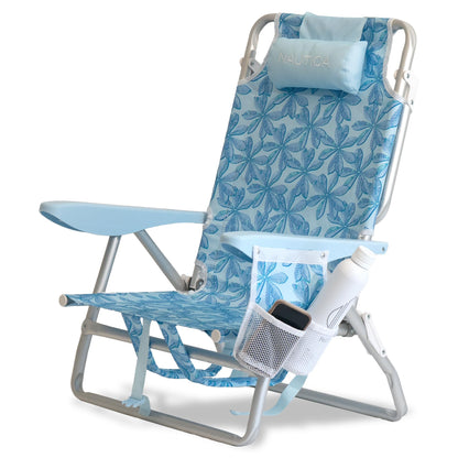 Nautica Beach Chair, Five Position Backpack Chair, Portable & Adjustable with Padded Pillow and Cup Holders and Attached Insulated Cooler Bag