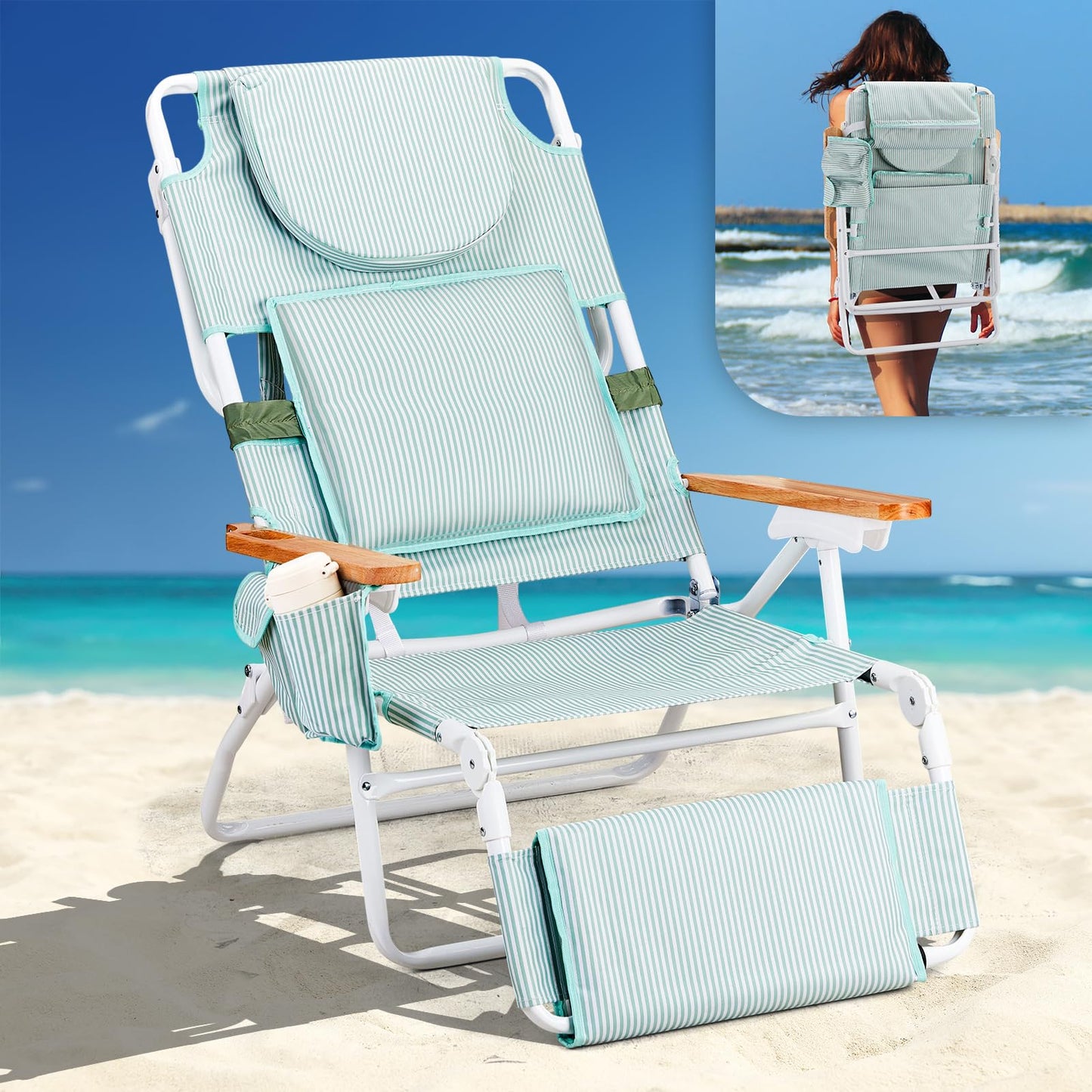 VINGLI Deluxe 3 in1 Beach Chair, Tanning Chair with Face Hole, Reclining Lounge with Foot Rest, Cup Holder and Storage Bag，Beach Lounge for Outdoor Pool-Yellow