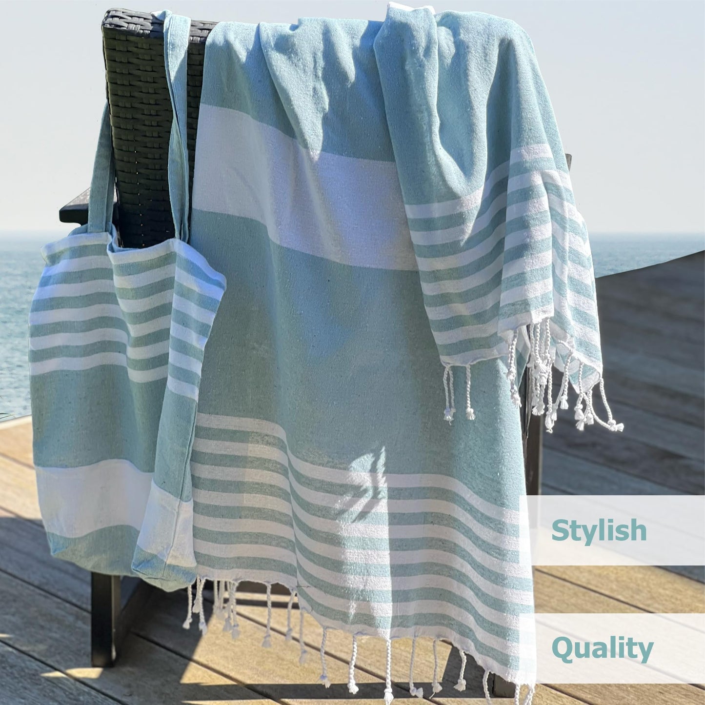Cohzi Turkish Beach Towel and Tote - Lightweight Beach Bag and Turkish Towel Set. Pool Towel and Carry Bag. Great for Travel, Picnic, Summer Essentials. Aqua