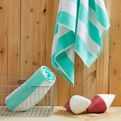 100% Cotton Velour Cabana Stripe Beach Towel Set 30" x 60" - Ultra Soft, Plush, & Highly Absorbent Towels for Pool, Beach, & Swimming. Marina Collection (4-Pack, Sea Green)
