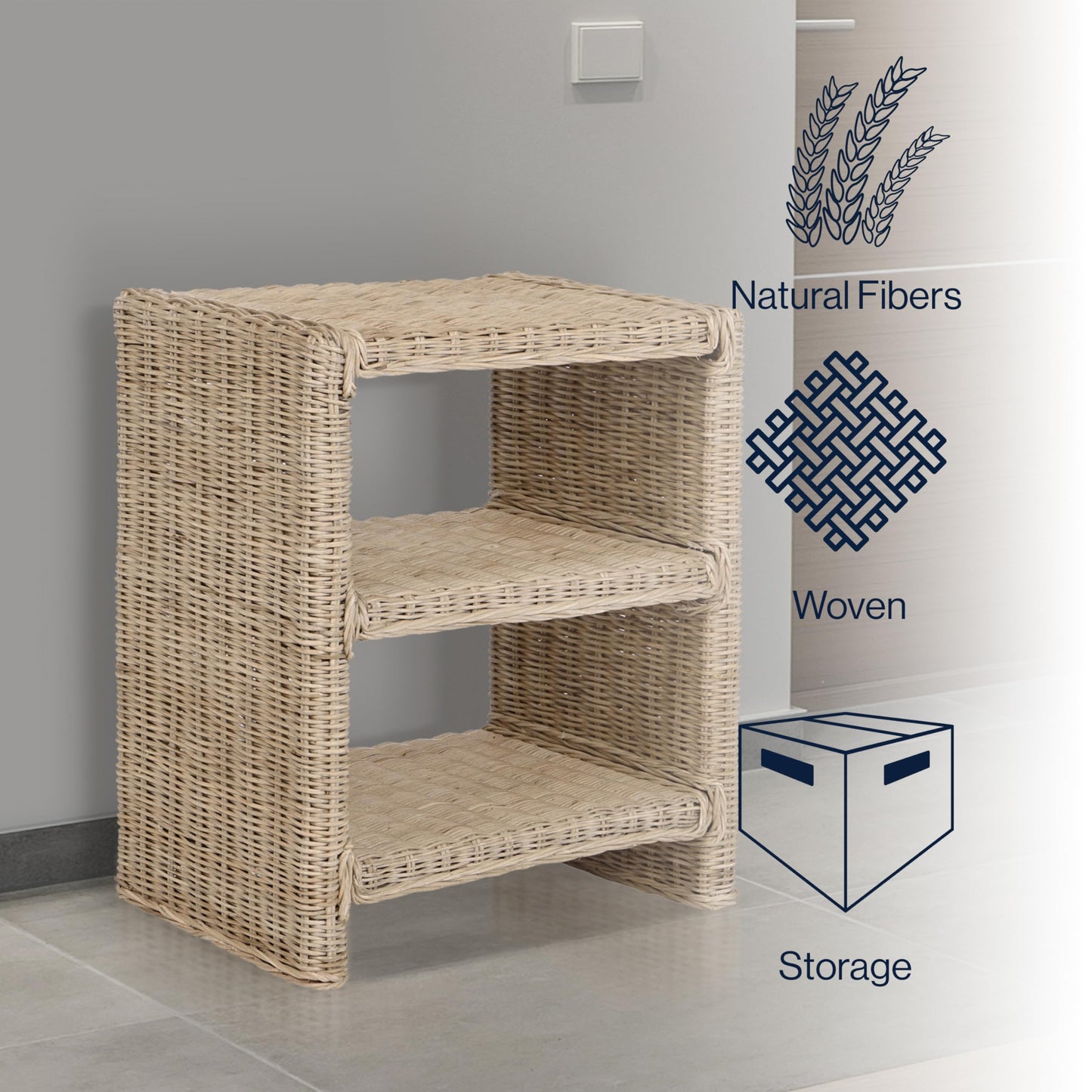 JONATHAN Y NST1000A Praerie 22" Coastal Bohemian Rattan/Wood 3 Tier End Table for Home, Living Room, Bedroom, Guest Room, Entryway, Natural
