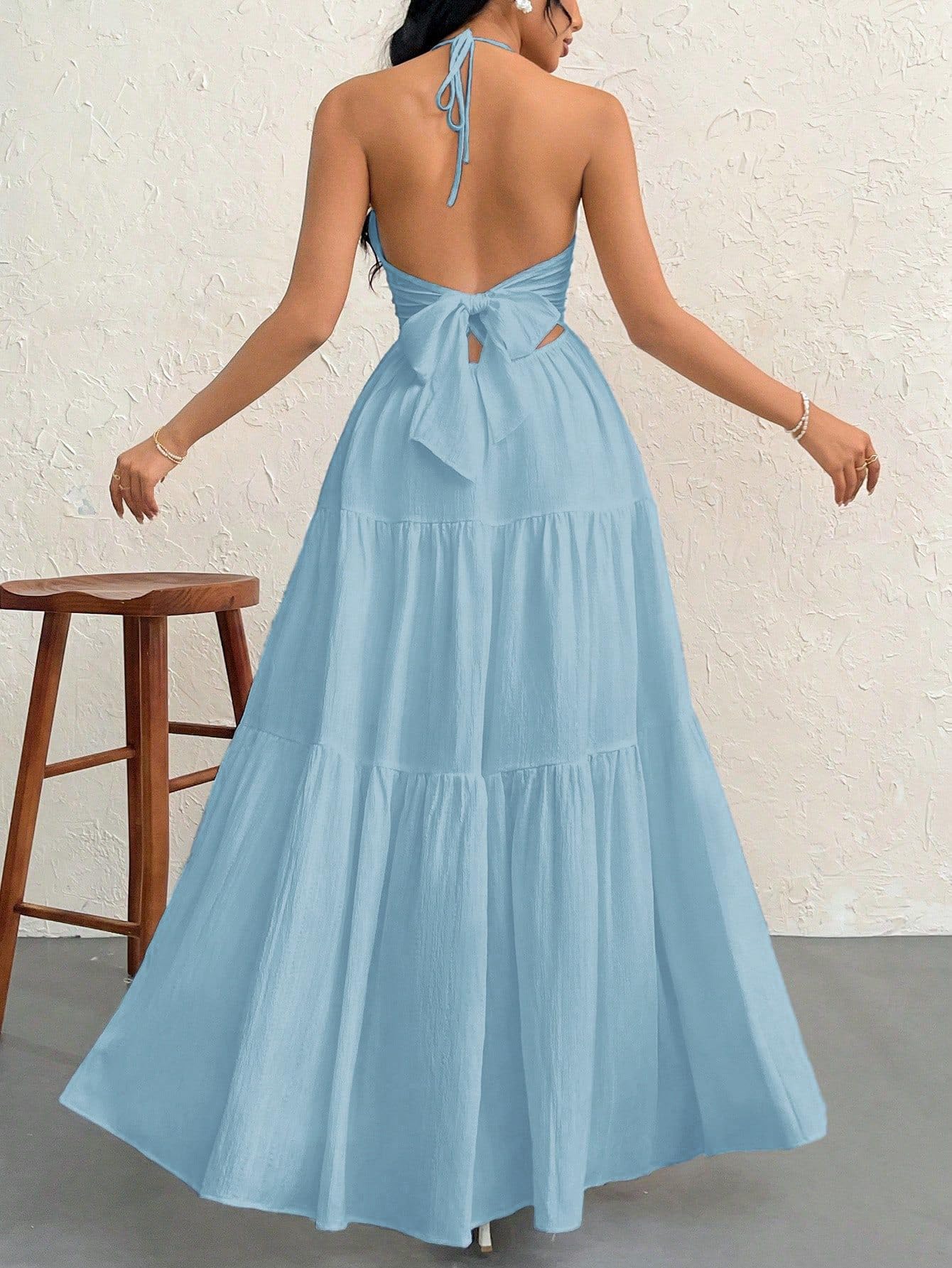 Narecte Women's Maxi Summer Dresses Halter V Neck Beach Dresses for Women A-Line Casual Dress for Vacation Dusty Blue M