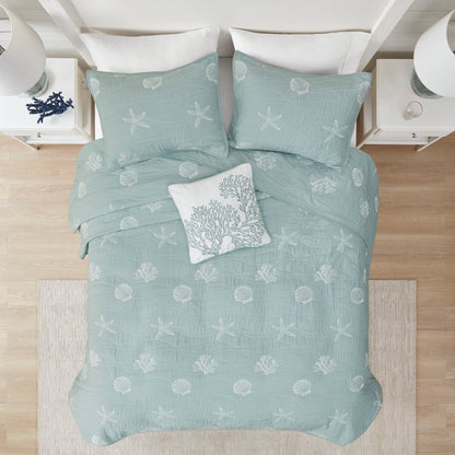Harbor House Seaside Reversible Cotton Quilt Set Coastal Clam, Starfish, Coral Embroidery, All Season, Pre-Washed Coverlet Bedding Layer, Decorative Pillow, King/Cal King(108"x90") Seafoam 4 Piece