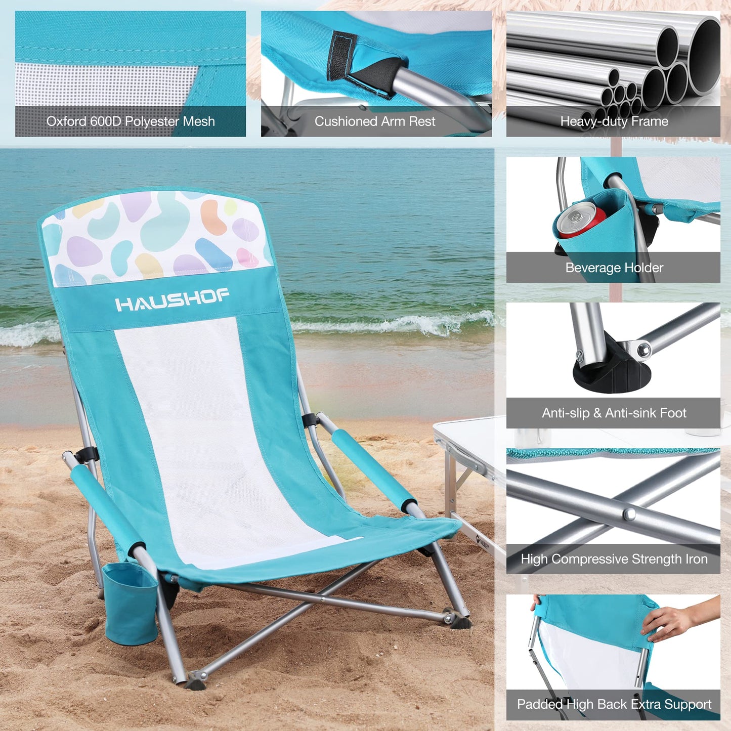 HAUSHOF 2-Pack Blue High Back Beach Chairs with Colored Dots, Durable 600D Oxford Fabric, Industrial Grade Iron, Maximum Seated Weight Capacity: 265 lbs, Ergonomic Design