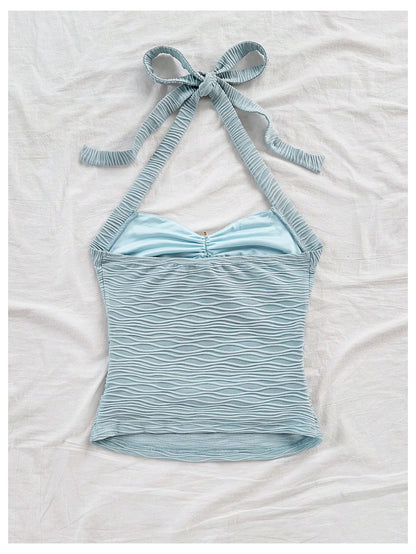 SweatyRocks Women's Backless Textured Halter Tops Starfish Shell Sleeveless Summer Tank Tops Light Blue Large