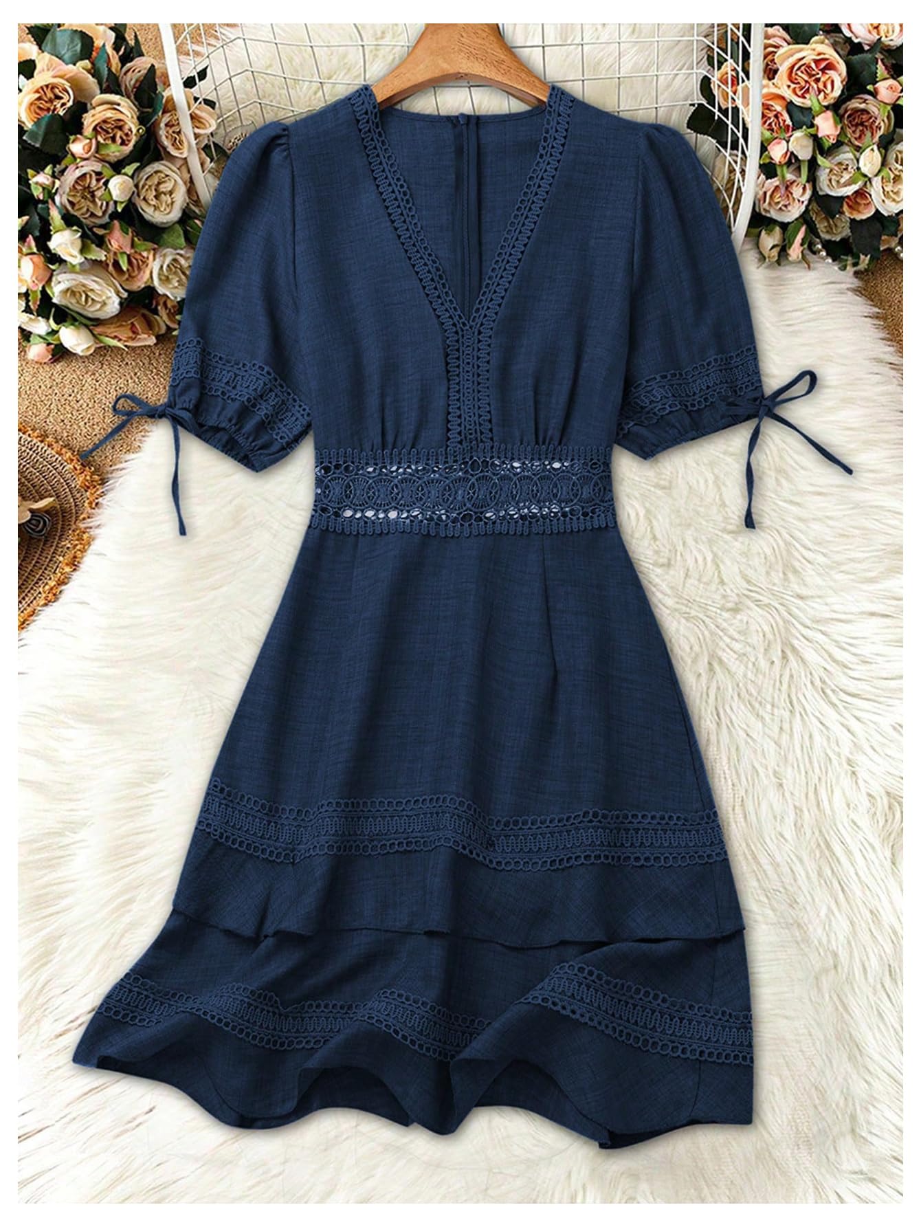 SOLY HUX Women's Summer Dress Hollow Out Lace V Neck Puff Short Sleeve A Line Layered Short Dresses Plain Dark Blue Small