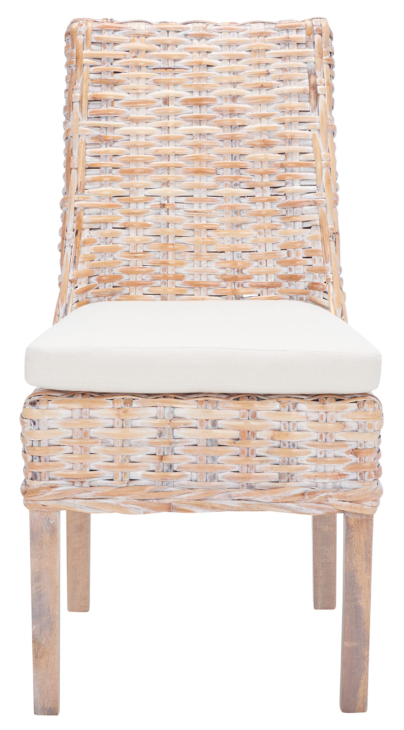 SAFAVIEH Home Collection – Suncoast Set of 2 Natural White Wash Rattan Arm Chairs with Cushions, Coastal Style Seating, Fully Assembled (FOX6540A-SET2)