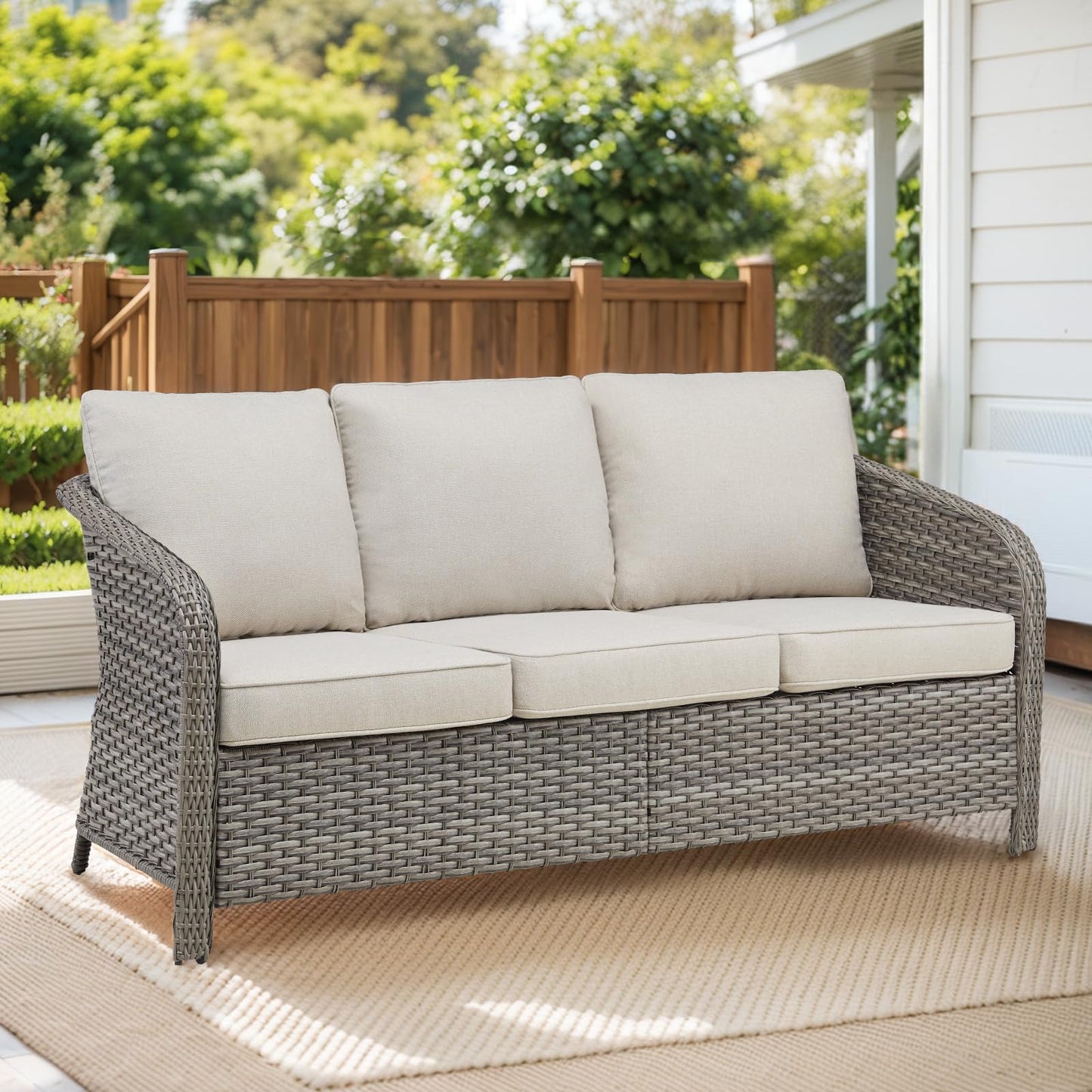 Belord 73" Wicker 3-seat Patio Sofa Couch, All Weather Outdoor Rattan Wicker Sofa High Back Couch with Wide Armrest, Comfy Cushion, Patio Conversation Set for Deck Backyard Garden(Grey/Beige)