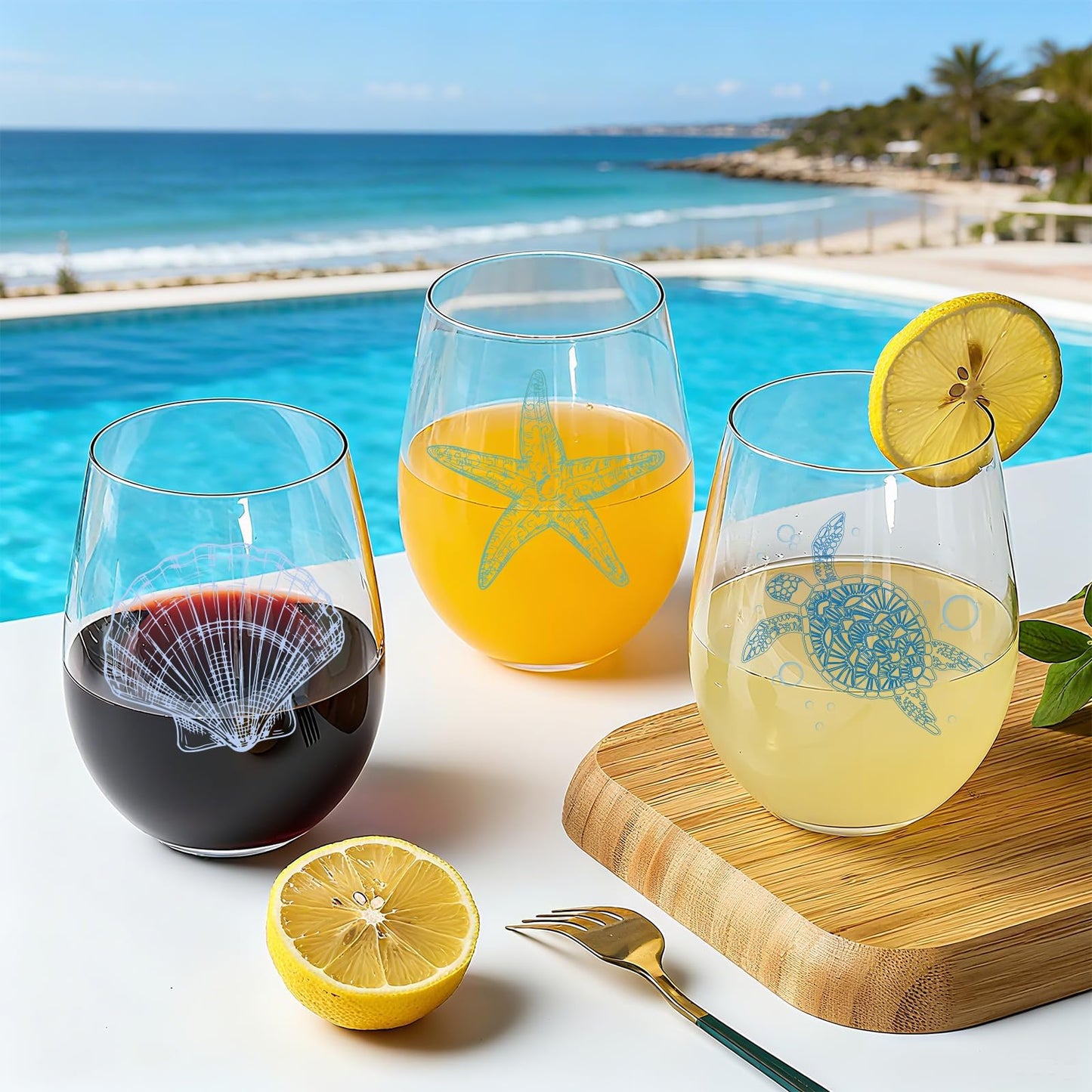 Ocean Themed Stemless Wine Glasses, Set of 4 Seashore Glassware - Sea Turtle, Starfish, Seashell, Conch Shell Assortment, Wine Gifts for Coastal Beach Lovers, Birthday Gifts for Women Mothers Day