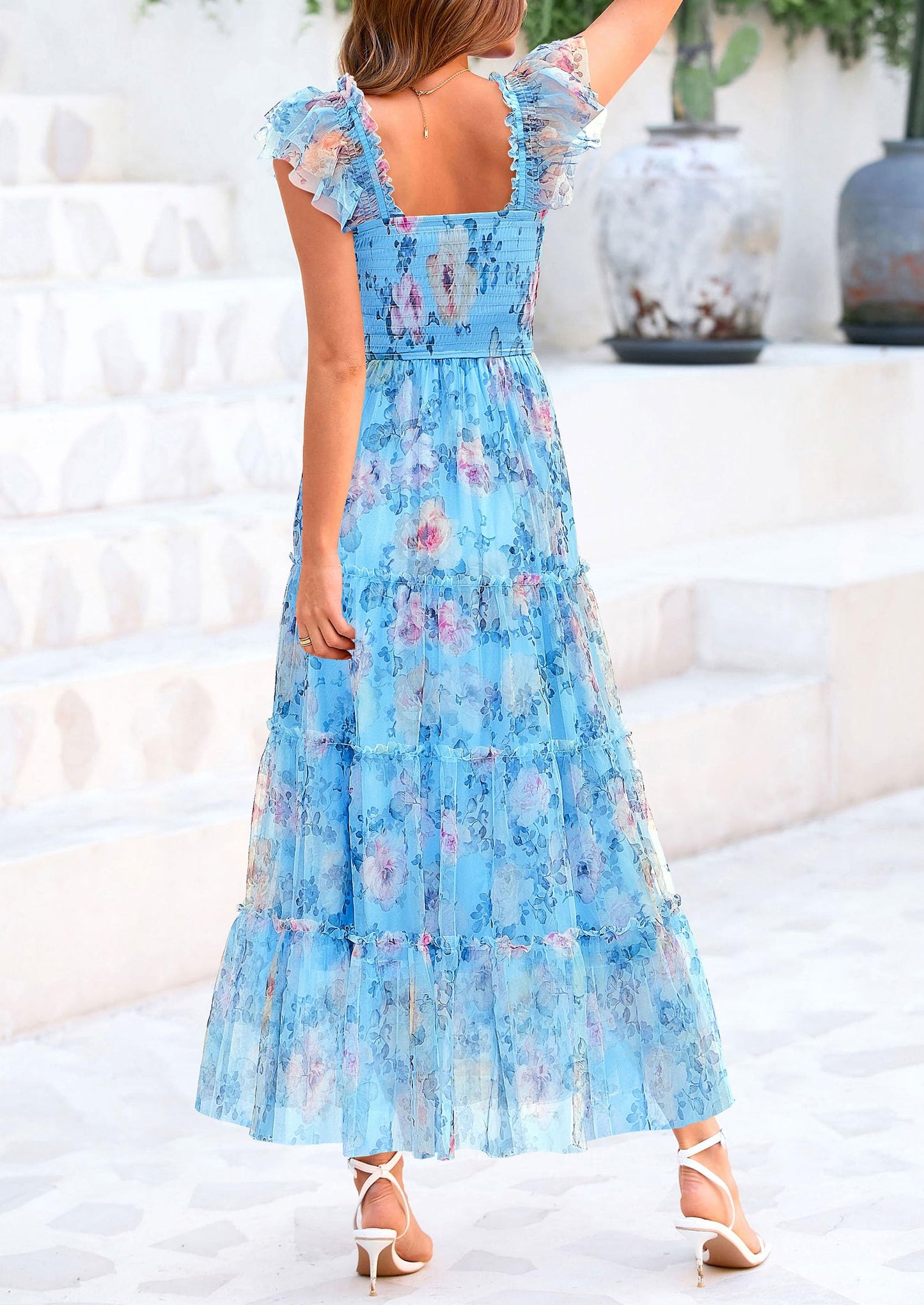 PRETTYGARDEN Women's Summer Tulle Midi Dress Sleeveless Smocked Ruffle Flowy Mesh Dresses Party Wedding Guest Sundress (Floral Blue Yellow,XX-Large)