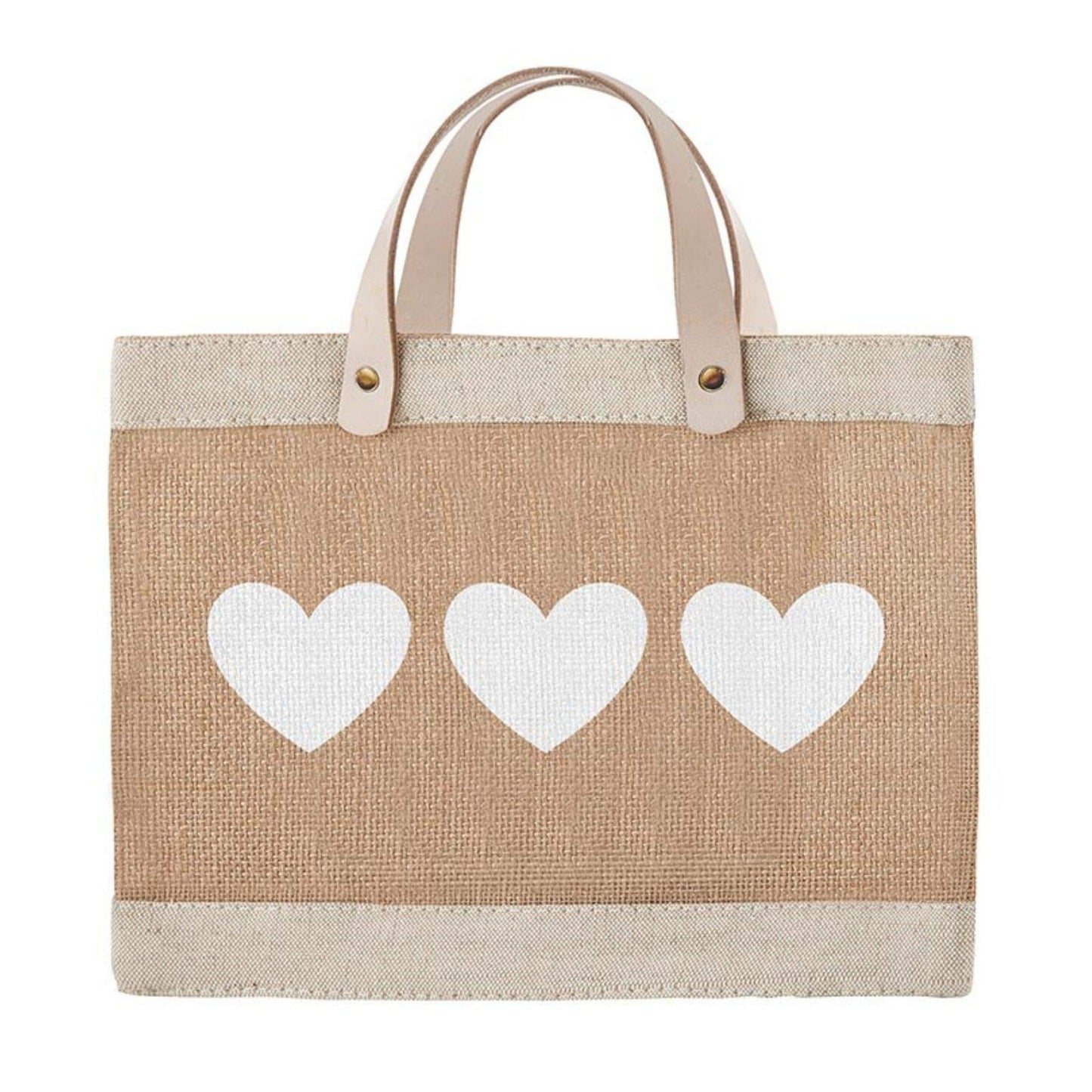 Santa Barbara Design Studio Mini Jute Tote - Natural Burlap Hand Bag with Waterproof lining and Leather Handles, 12.5" x 9.5", Hearts