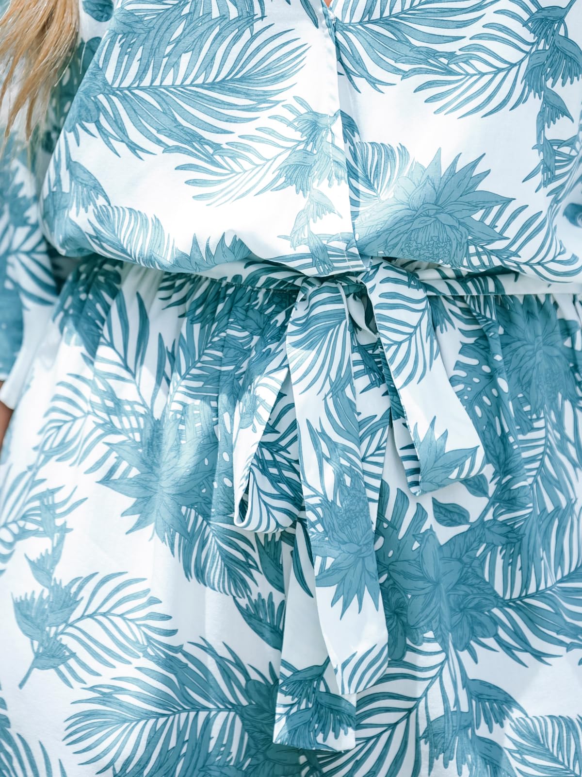 CUPSHE Women's Tropical Floral Leaf Print Belted Romper Mini Jumpsuit with Flare Sleeves