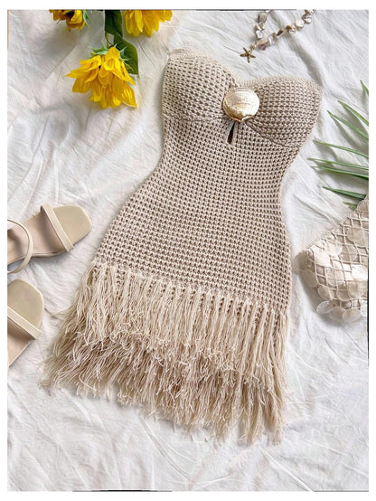 SweatyRocks Women's Boho Summer Vacation Strapless Crochet FringeTube Top Mini Dress Apricot Small
