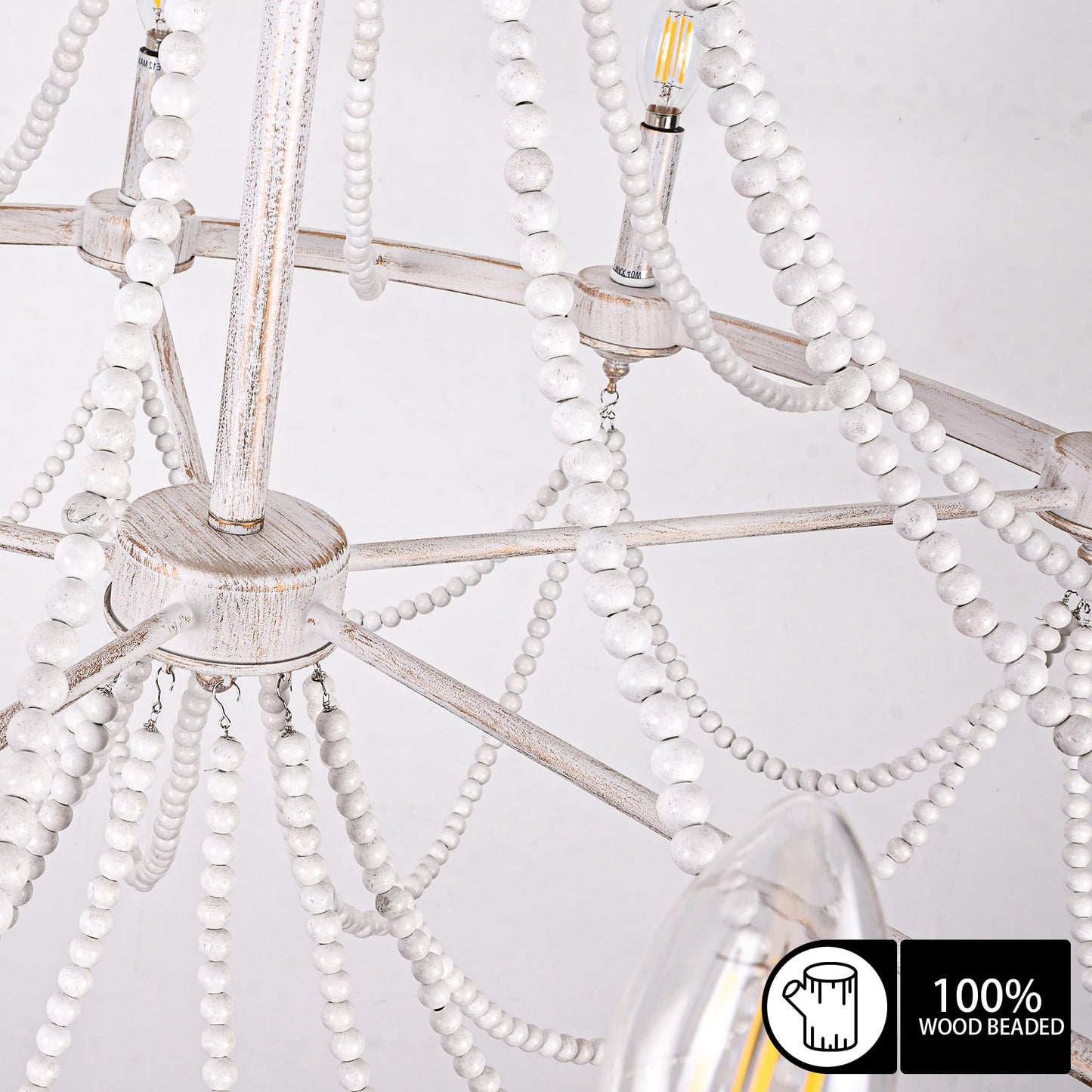 COCOSTAR Large Beaded Dining Room Light Fixture, 36" White Farmhouse Chandelier, French Country Wagon Wheel Chandelier, Coastal Boho Hanging Lighting for High Ceiling,10xE12 Candle Lights