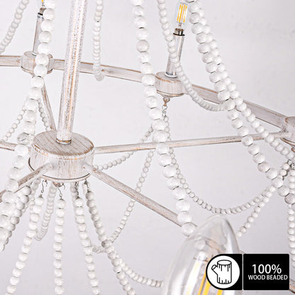 COCOSTAR Large Beaded Dining Room Light Fixture, 36" White Farmhouse Chandelier, French Country Wagon Wheel Chandelier, Coastal Boho Hanging Lighting for High Ceiling,10xE12 Candle Lights