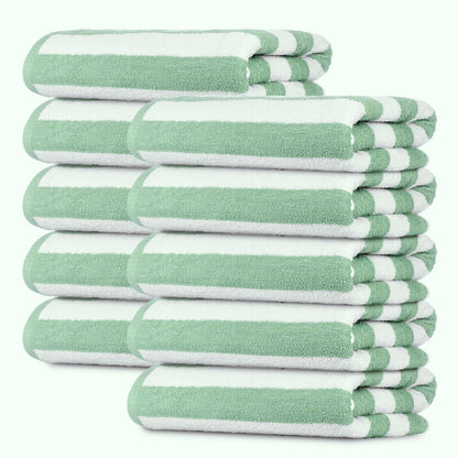 Green Cabana Stripe Extra Large Bulk Beach Towels 33x70 (24 Pack) - 100% Soft Ringspun Cotton Pool Towels Bulk - 2 Dozen Wholesale Beach Towels - Highly Absorbent Large Towels for Hotels, and Resorts