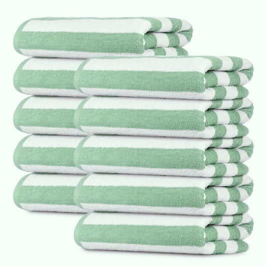 Green Cabana Stripe Extra Large Bulk Beach Towels 33x70 (24 Pack) - 100% Soft Ringspun Cotton Pool Towels Bulk - 2 Dozen Wholesale Beach Towels - Highly Absorbent Large Towels for Hotels, and Resorts