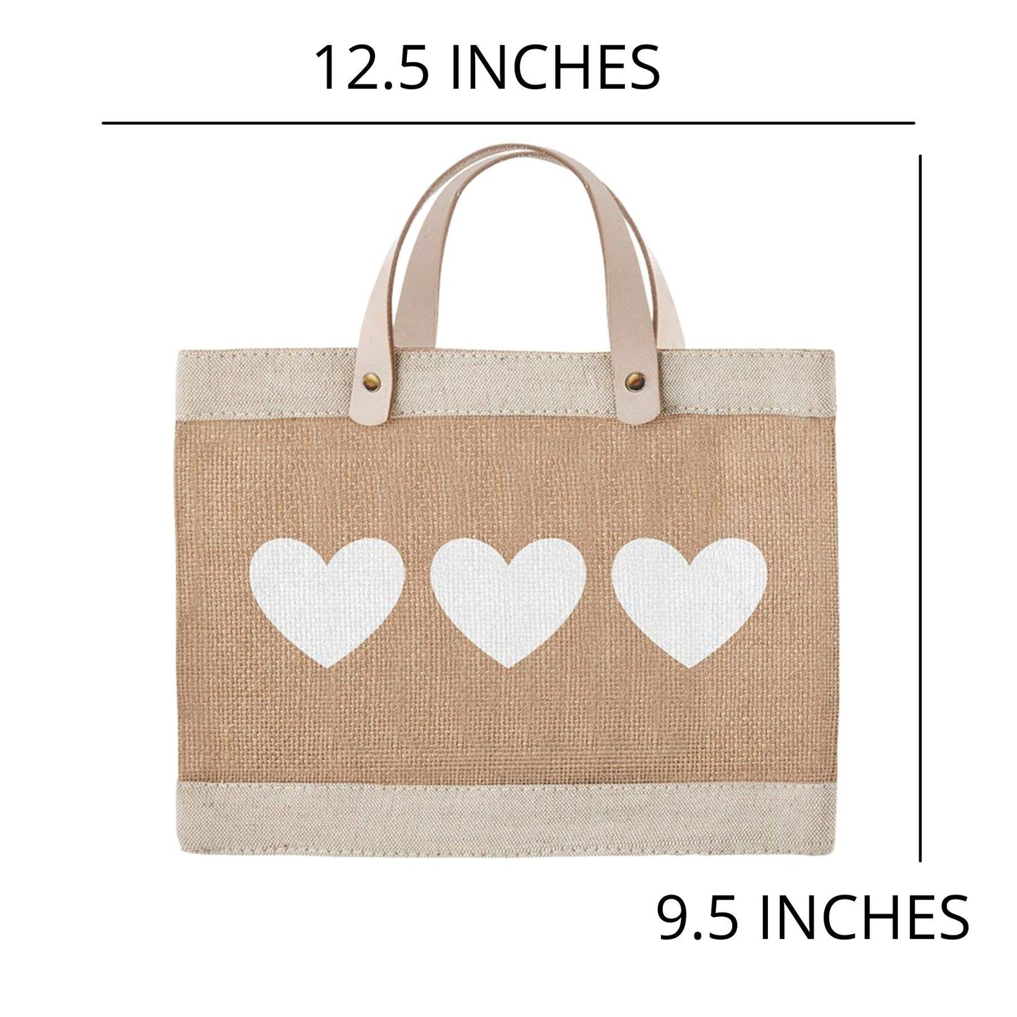 Santa Barbara Design Studio Mini Jute Tote - Natural Burlap Hand Bag with Waterproof lining and Leather Handles, 12.5" x 9.5", Hearts