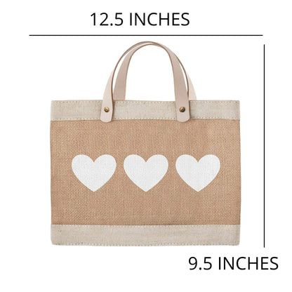Santa Barbara Design Studio Mini Jute Tote - Natural Burlap Hand Bag with Waterproof lining and Leather Handles, 12.5" x 9.5", Hearts