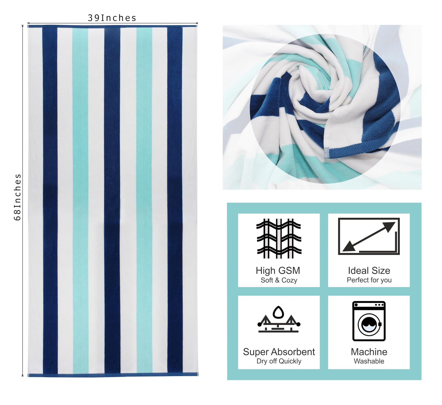 COTTON CRAFT Oversized XL Beach Towel - 2 Pack 39 x 68 inches Big & Huge Beach Blanket Towel - 100% Cotton Velour Thick Plush 450 GSM Super Soft Luxury - Pool Picnic Bath Towel - Cabana Stripe Blue